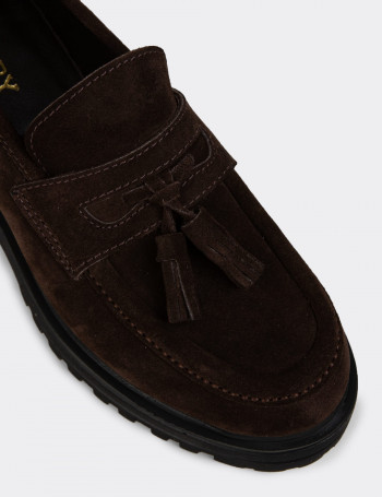 Kadın Hakiki Süet Kahverengi Püsküllü Loafer - 02020ZKHVE01