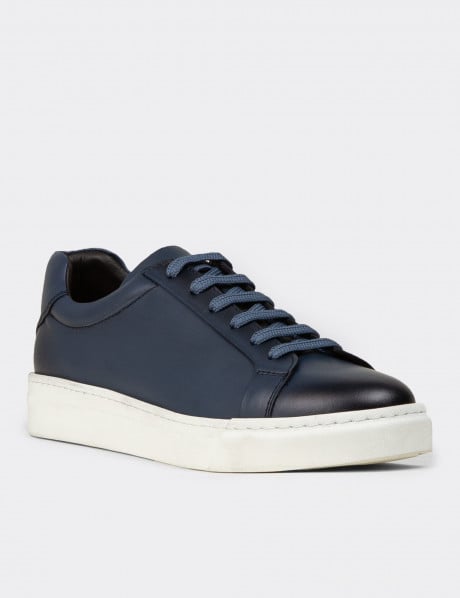 Erkek Hakiki Deri Mavi Sneaker Ayakkabı