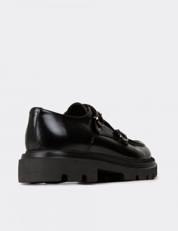 Erkek Hakiki Deri Siyah Çift Tokalı Günlük Ayakkabı - 02008MSYHE03