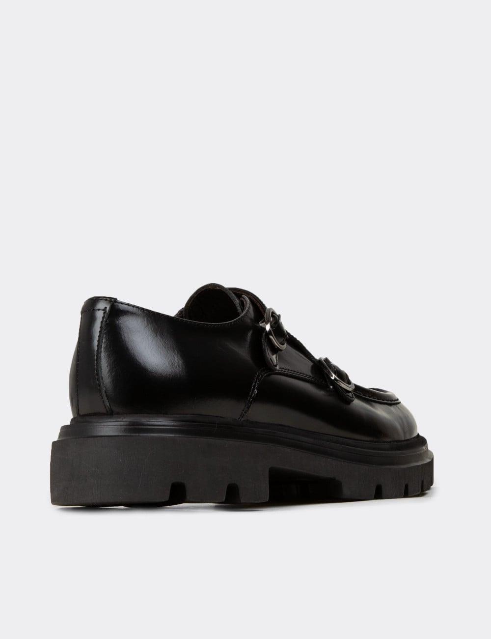 Erkek Hakiki Deri Siyah Çift Tokalı Günlük Ayakkabı - 02008MSYHE03