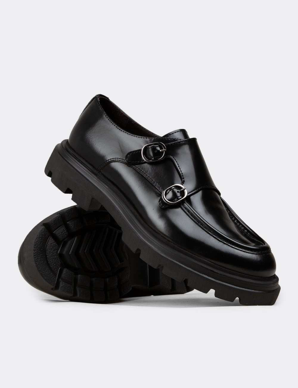 Erkek Hakiki Deri Siyah Çift Tokalı Günlük Ayakkabı - 02008MSYHE03