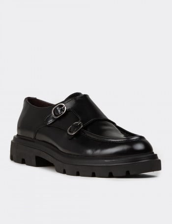 Erkek Hakiki Deri Siyah Çift Tokalı Günlük Ayakkabı - 02008MSYHE03