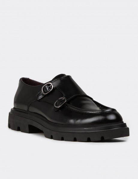 Erkek Hakiki Deri Siyah Çift Tokalı Günlük Ayakkabı