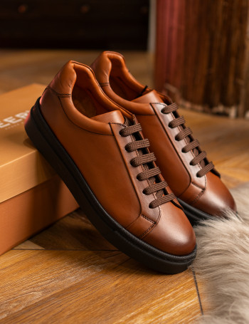 Erkek Hakiki Deri Taba Renk Sneaker Ayakkabı