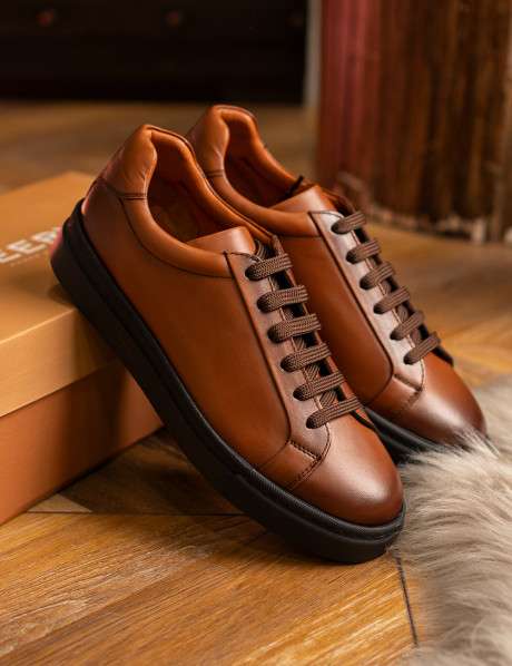 Erkek Hakiki Deri Taba Renk Sneaker Ayakkabı