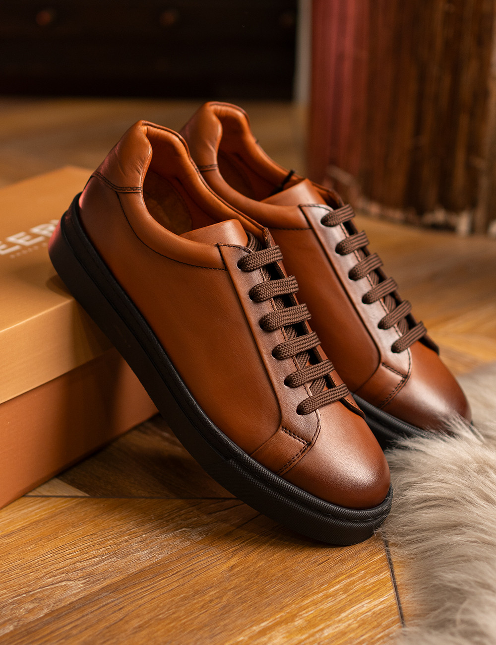 Erkek Hakiki Deri Taba Renk Sneaker Ayakkabı - 02018MTBAC01