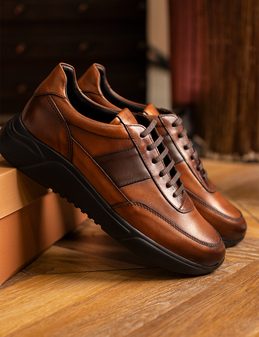 Hakiki Deri Taba Rengi Vintage Erkek Sneaker Ayakkabı - 01963MTBAE02