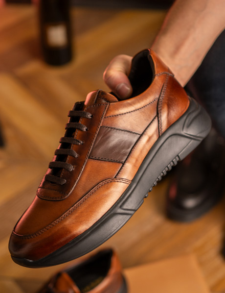 Hakiki Deri Taba Rengi Vintage Erkek Sneaker Ayakkabı