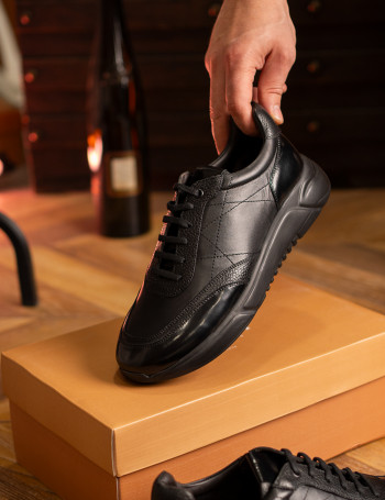 Hakiki Deri Siyah Erkek Sneaker Ayakkabı