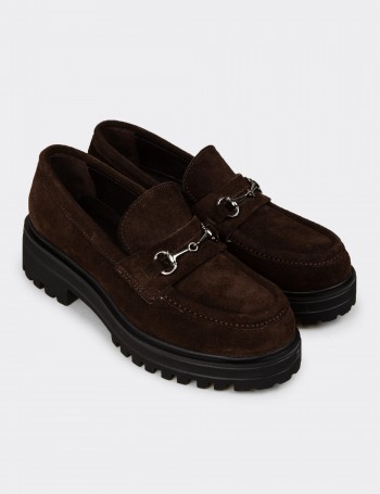 Kadın Hakiki Süet Kahverengi Tokalı Loafer - 02024ZKHVE01