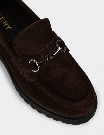 Kadın Hakiki Süet Kahverengi Tokalı Loafer - 02024ZKHVE01