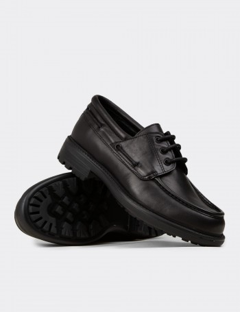 Erkek Hakiki Deri Siyah Marin Ayakkabı - 02016MSYHC01