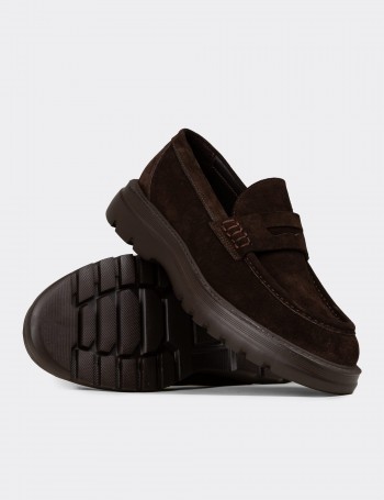 Erkek Hakiki Süet Kahverengi Loafer Ayakkabı - 02006MKHVE03