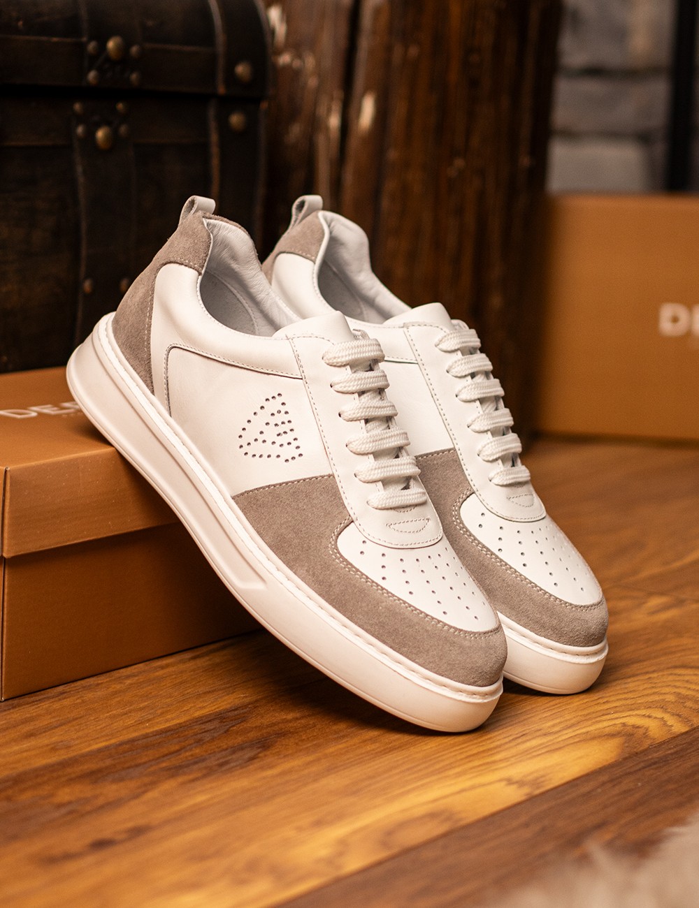 Erkek Hakiki Deri Beyaz Sneaker Ayakkabı - 02014MBYZC01