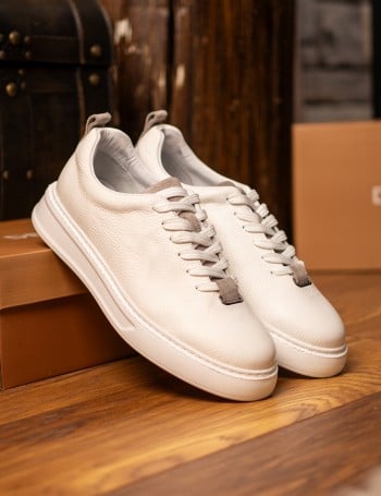 Erkek Beyaz Hakiki Deri Sneaker Ayakkabı - 02010MBYZP01