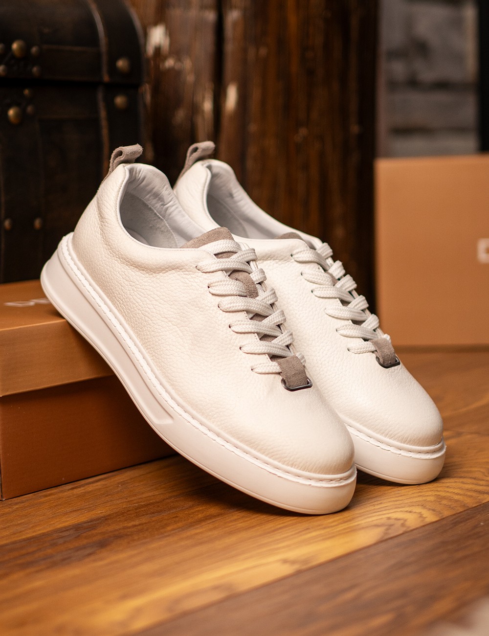 Erkek Beyaz Hakiki Deri Sneaker Ayakkabı - 02010MBYZP01