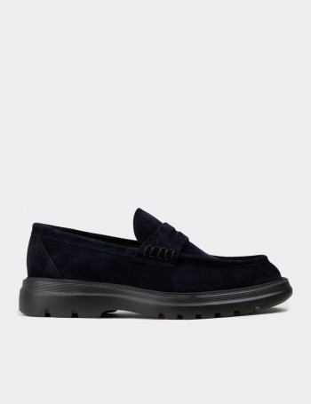 Erkek Hakiki Süet Lacivert Loafer Ayakkabı - 02006MLCVE01