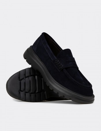 Erkek Hakiki Süet Lacivert Loafer Ayakkabı - 02006MLCVE01