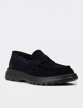 Erkek Hakiki Süet Lacivert Loafer Ayakkabı - 02006MLCVE01