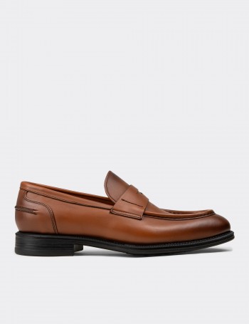 Erkek Taba Renk Hakiki Deri Klasik Loafer Ayakkabı - 02025MTBAC01