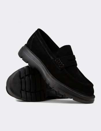 Erkek Hakiki Süet Siyah Loafer Ayakkabı - 02006MSYHE04