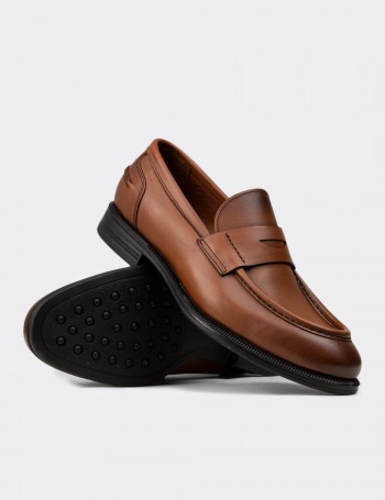Erkek Taba Renk Hakiki Deri Klasik Loafer Ayakkabı - 02025MTBAC01