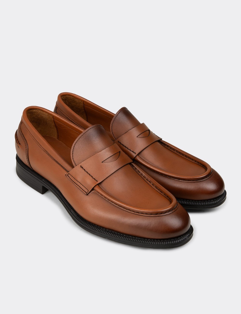Erkek Taba Renk Hakiki Deri Klasik Loafer Ayakkabı - 02025MTBAC01