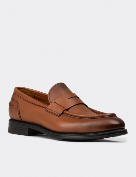 Erkek Taba Renk Hakiki Deri Klasik Loafer Ayakkabı