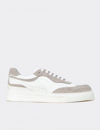Erkek Hakiki Deri Beyaz Sneaker Ayakkabı - 02013MBYZE01
