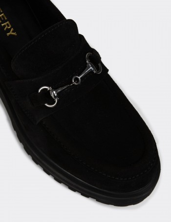 Kadın Hakiki Süet Siyah Toka Detaylı Loafer - 02024ZSYHE01