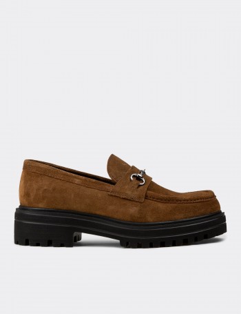 Kadın Hakiki Süet Taba Renkli Toka Detaylı Loafer