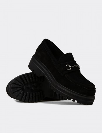 Kadın Hakiki Süet Siyah Toka Detaylı Loafer - 02024ZSYHE01