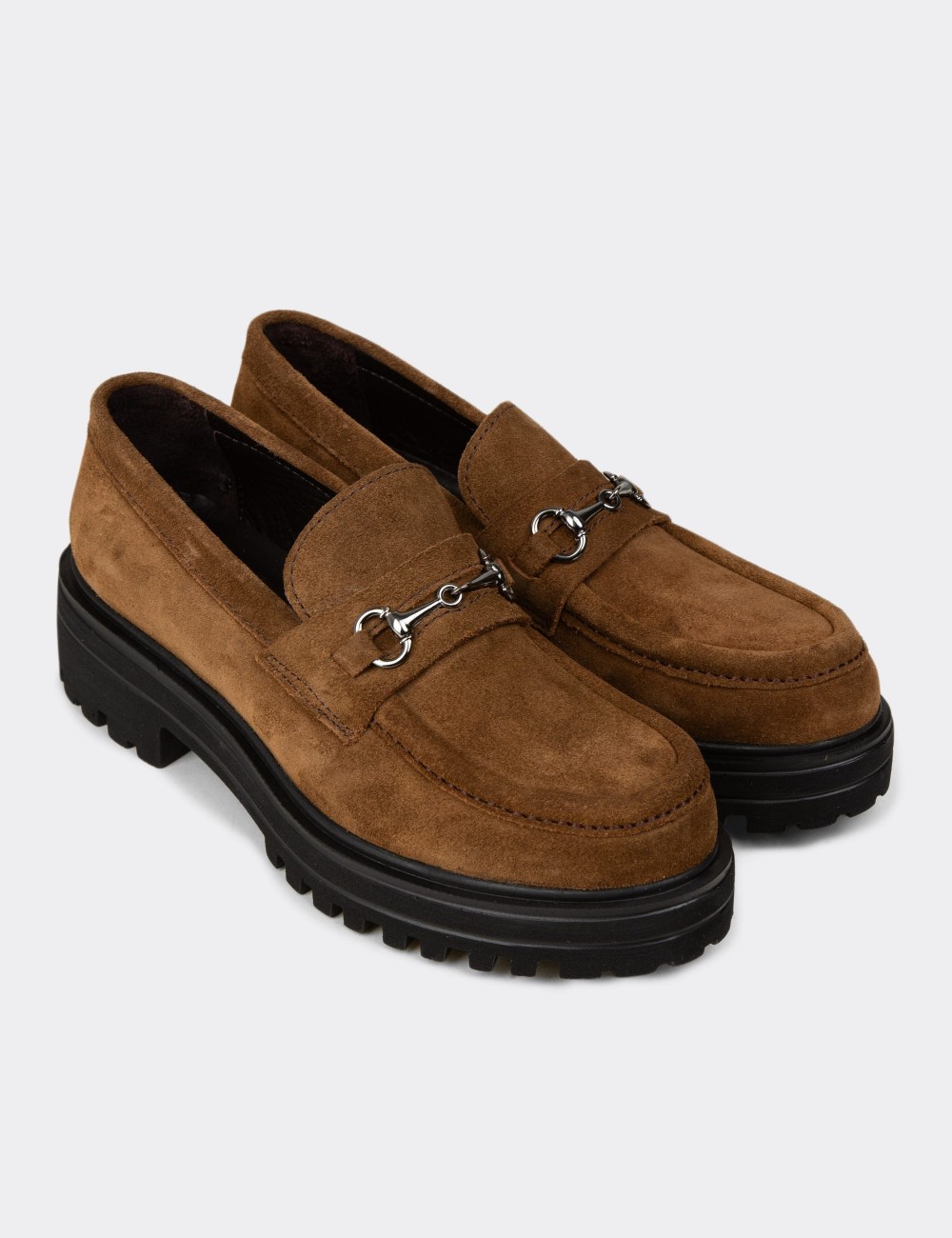 Kadın Hakiki Süet Taba Renkli Toka Detaylı Loafer - 02024ZTBAE01