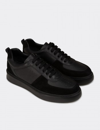 Erkek Hakiki Deri Siyah Sneaker Ayakkabı - 02014MSYHC01