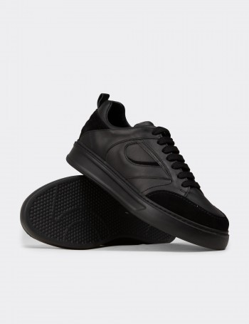 Erkek Hakiki Deri Siyah Sneaker Ayakkabı - 02012MSYHE01