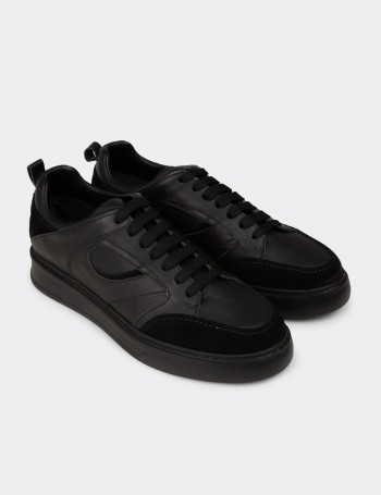 Erkek Hakiki Deri Siyah Sneaker Ayakkabı