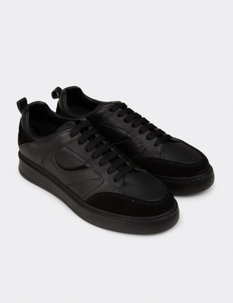 Erkek Hakiki Deri Siyah Sneaker Ayakkabı