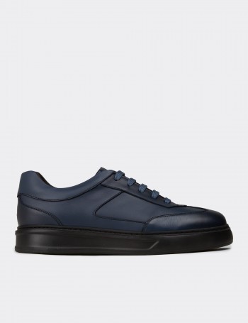 Erkek Mavi Hakiki Deri Sneaker Ayakkabı