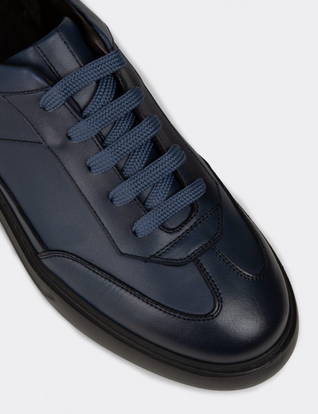 Erkek Mavi Hakiki Deri Sneaker Ayakkabı