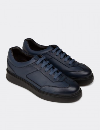 Erkek Mavi Hakiki Deri Sneaker Ayakkabı - 02015MMVIE01