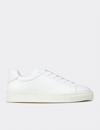 Erkek Hakiki Deri Beyaz Sneaker Ayakkabı - 02018MBYZC01