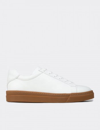 Erkek Beyaz Hakiki Deri Sneaker Ayakkabı - 02018MBYZC03