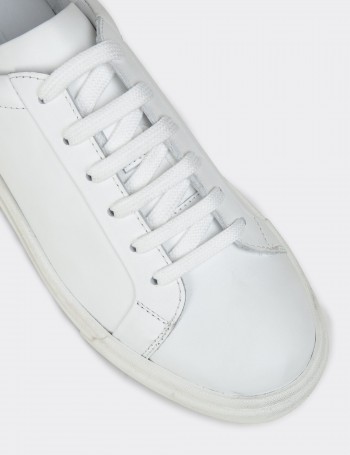 Erkek Hakiki Deri Beyaz Sneaker Ayakkabı - 02018MBYZC01