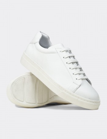 Erkek Hakiki Deri Beyaz Sneaker Ayakkabı - 02018MBYZC01