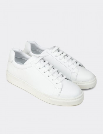 Erkek Hakiki Deri Beyaz Sneaker Ayakkabı - 02018MBYZC01