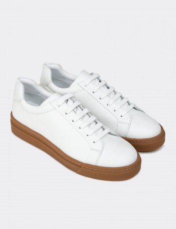 Erkek Beyaz Hakiki Deri Sneaker Ayakkabı - 02018MBYZC03