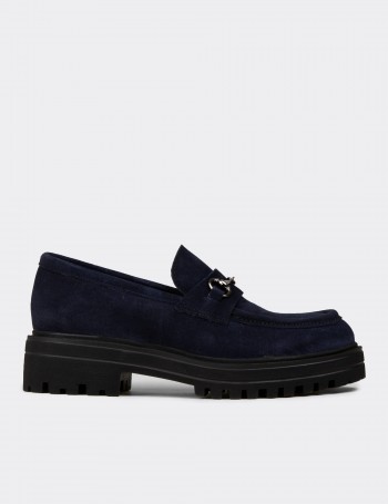 Kadın Hakiki Süet Lacivert Toka Detaylı Loafer - 02024ZLCVE01