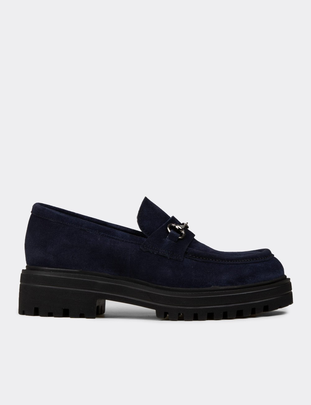 Kadın Hakiki Süet Lacivert Toka Detaylı Loafer - 02024ZLCVE01