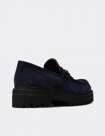 Kadın Hakiki Süet Lacivert Toka Detaylı Loafer - 02024ZLCVE01