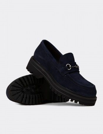 Kadın Hakiki Süet Lacivert Toka Detaylı Loafer - 02024ZLCVE01